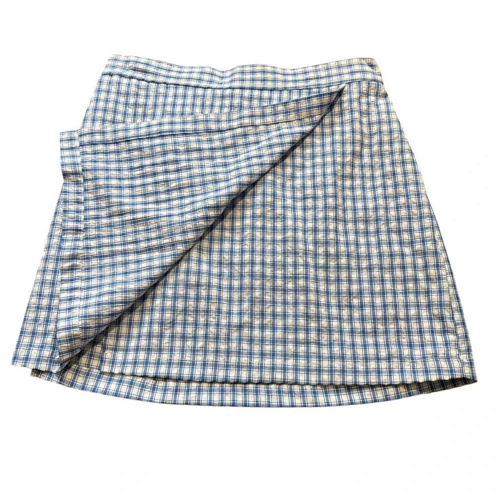 Max Studio London Blue White Gingham Plaid‎ Cottagecore Nautical Wrap Mini Skirt